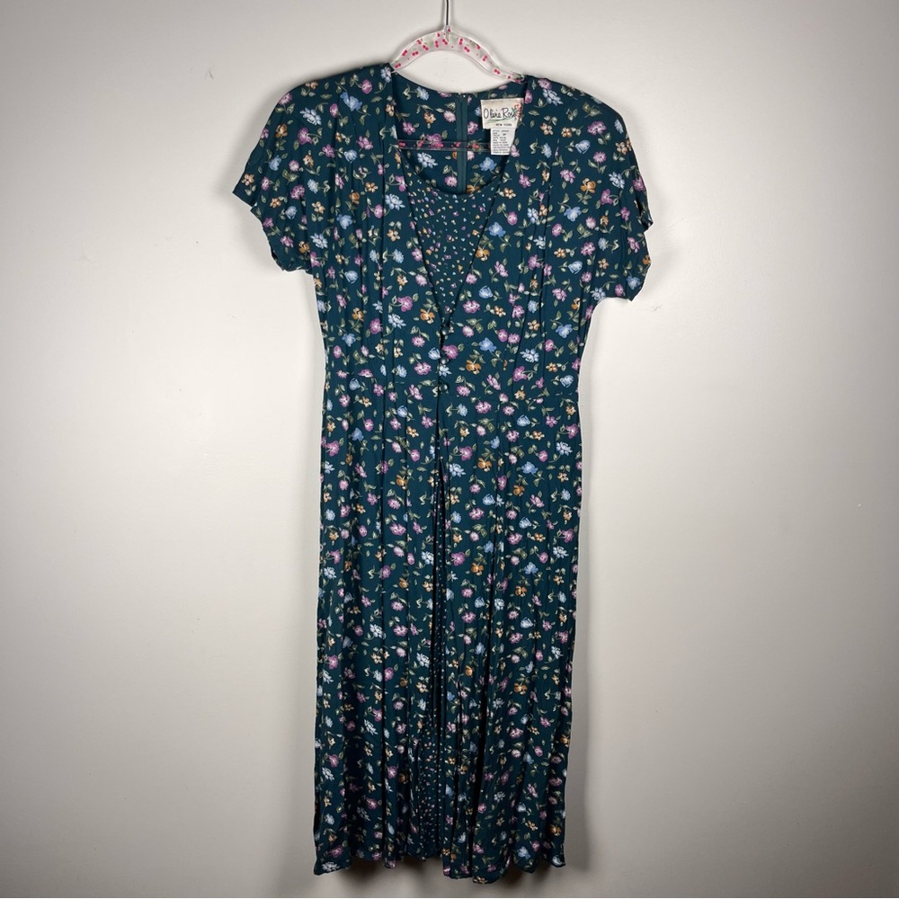 Vintage Olivia Rose Teal Floral Cottagecore Long Maxi Tie Back Country Dress 8P